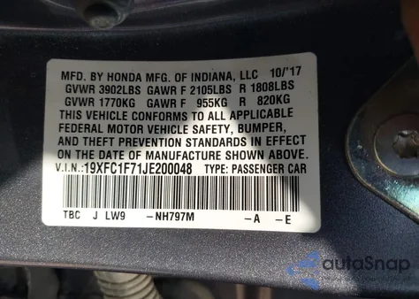 2018 Honda Civic Ex-L from USA, damaged, VIN 19XFC1F71JE200048